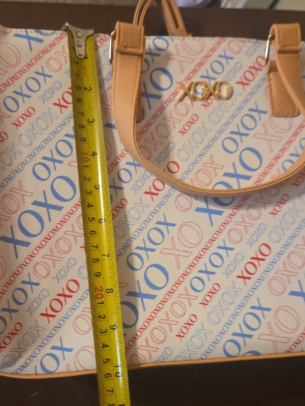 XOXO White Handbag with Blue and Red Logo Print and Tan Handles NWT